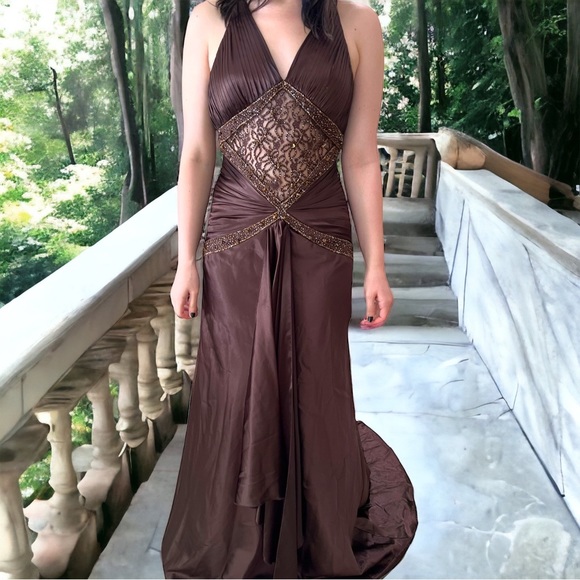 ALYCE DESIGNS Chocolate Brown Satin Formal Gown With Train and Cutout Midriff - Picture 3 of 16